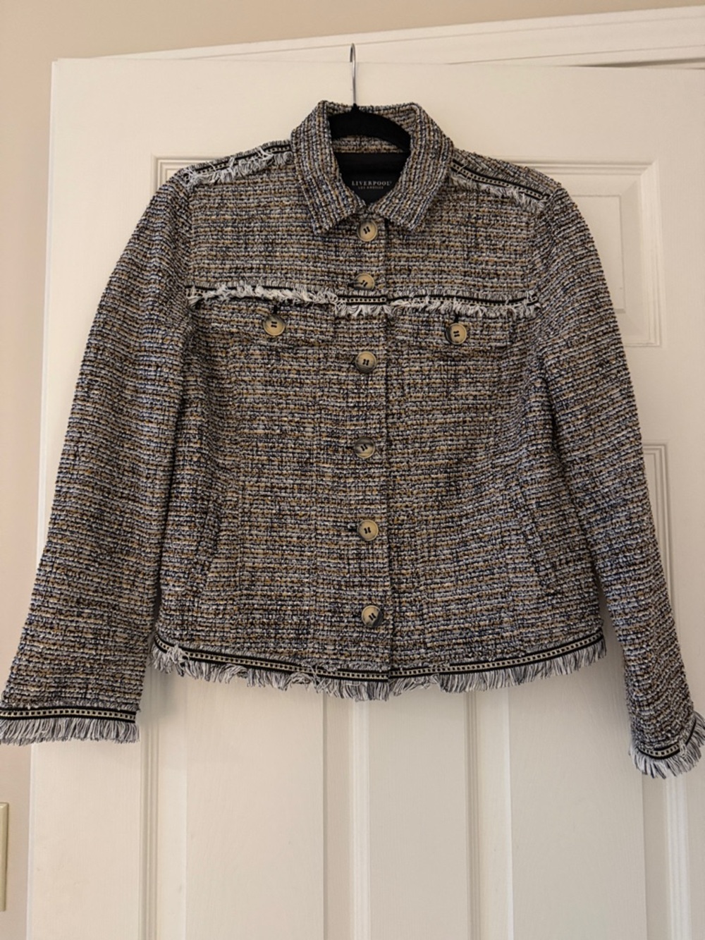 Liverpool Jeans Company Black, White & Tan Tweed Frayed-Trim Jacket